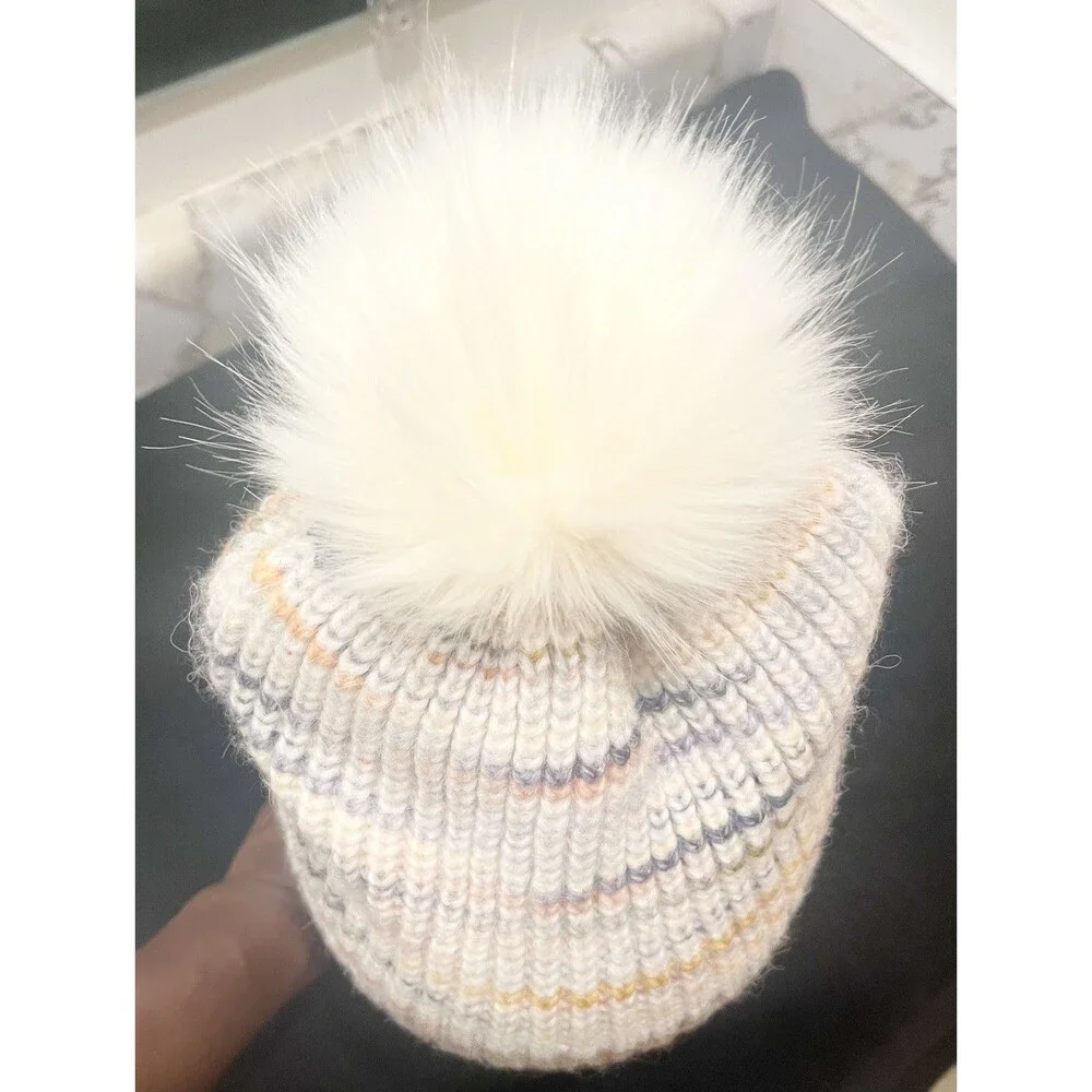 J.Crew Women’s Knit Beanie Hat Faux Fur Pom Pom Multicolor Striped Winter